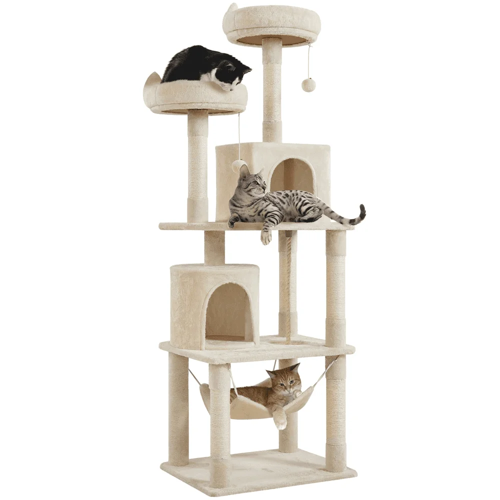 

Multi Level Cat Tree Tower with 2 Foam-Padded Perches, Beige Natural Sisal and Pet Friendly Soft Plush Fabric Cover