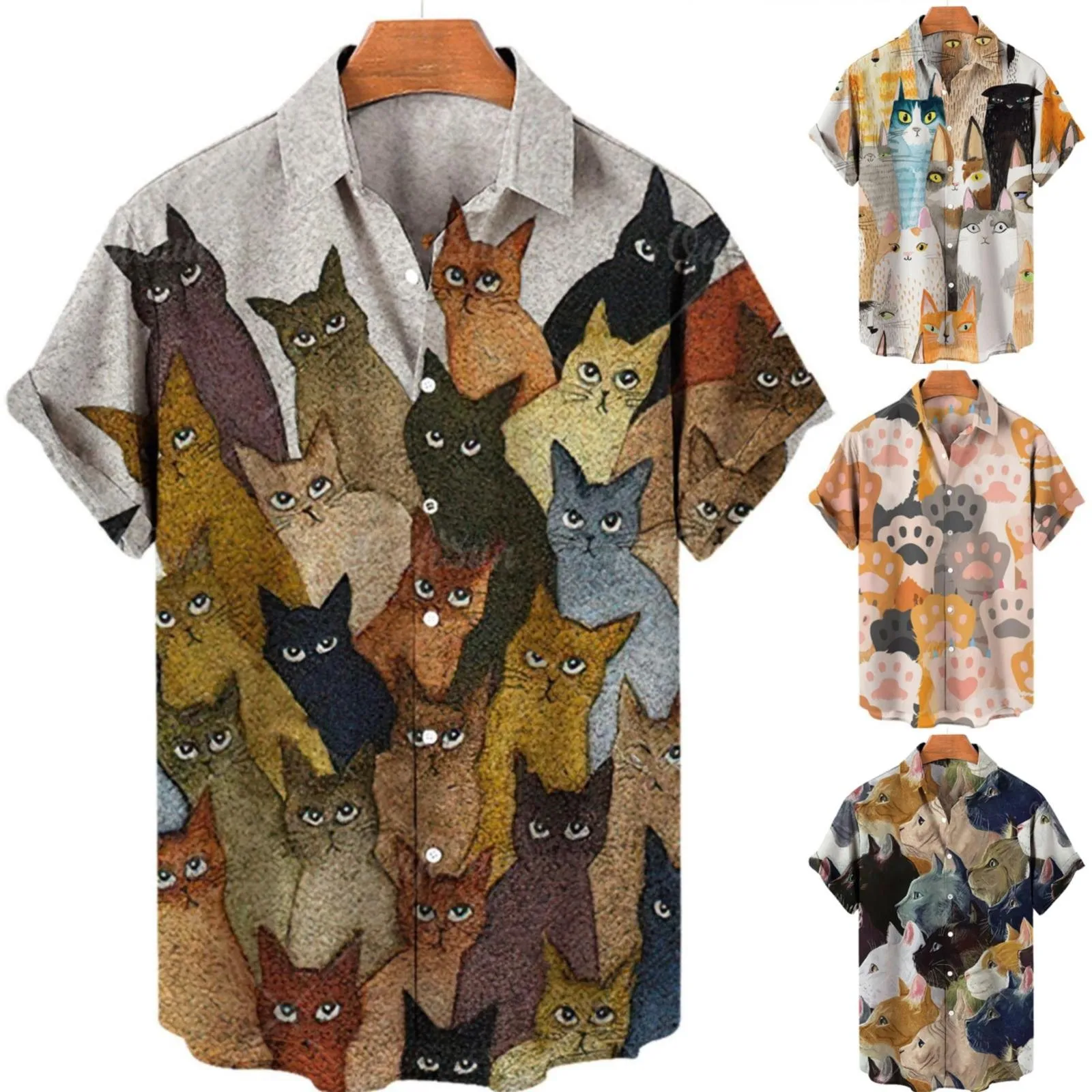 

Summer Mens Casual Daily Shirt 3D animal cat Printed Short Sleeve lapel Hawaii Men Beach Vacation Floral Shirts
