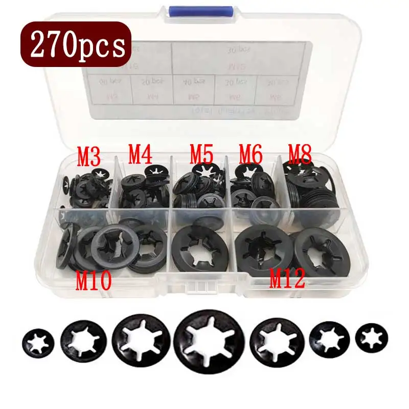 

270pcs/set 65 Mn Tooth Starlock Push on Locking Washers Assortment Kit M3M4M5M6M8M10M12 Black Metal Quick Speed Locking Washers