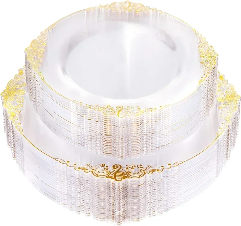 50 People Plastic Plates Dinner White Plastic with Plates Gold Rim Lace Gold for Weddings Celebration