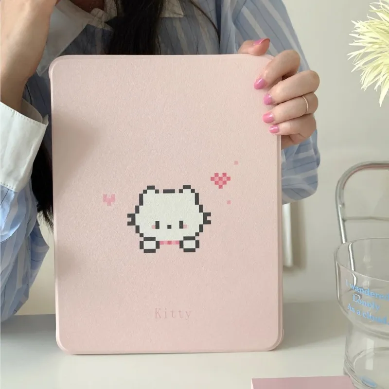 Kawaii Pixel Kitty Cat iPad Case with 360 Rotating Stand and Pencil Holder