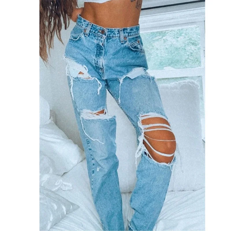 Straight Wide Leg Trousers Y2k Fashion Hollow Hole Cargo Pants Women Mom Jeans Ripped Jeans Women Baggy High Waisted Pants Blue