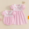 MISOWMNJOY Summer Baby Girl Clothes Princess Sister Matching Outfit Letter Embroidery Doll Collar Short Sleeve Baby Dress Romper 1