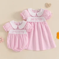 MISOWMNJOY Summer Baby Girl Clothes Princess Sister Matching Outfit Letter Embroidery Doll Collar Short Sleeve Baby Dress Romper 1