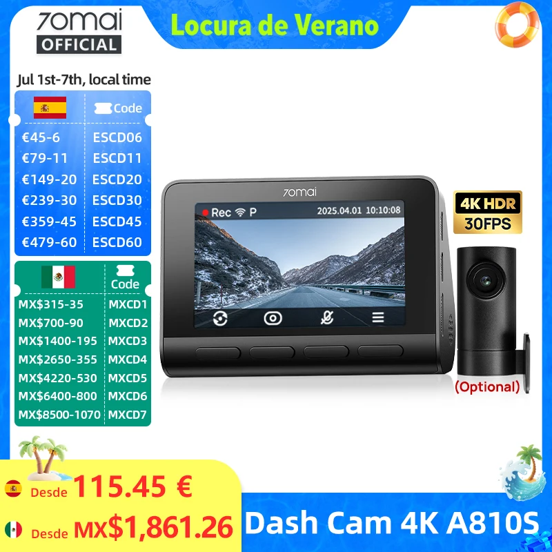 70mai Dash Cam 4K A810S HDR IMX678 Supercapacitor 4G LTE Remote Control Wi-Fi 6 Voice Control GPS ADAS Car Camera 70mai A810S