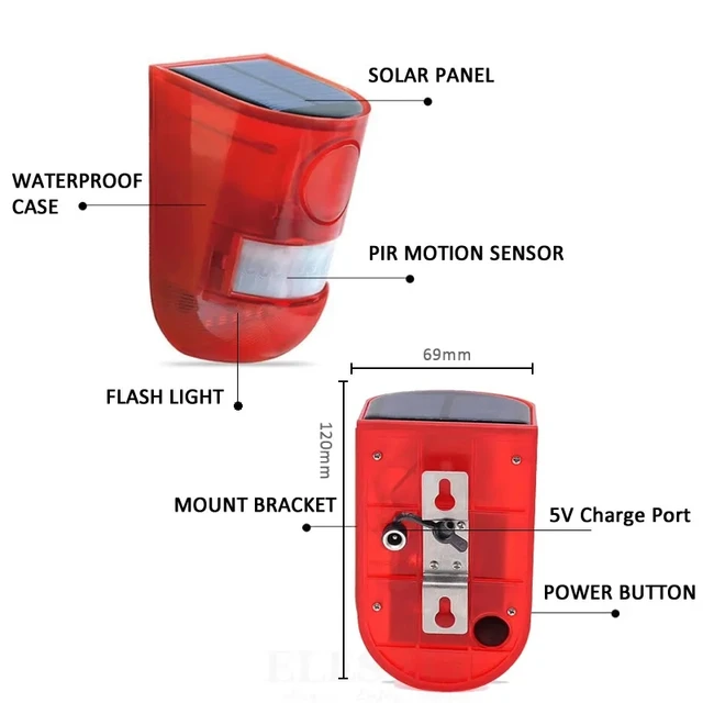 Solar Infrared Motion Sensor Alarm Motion Detector Siren Strobe With 110db Siren Strobe Light Home Garden Security Alarm System 3