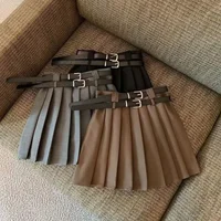 All-Match College Style Jk Pleated Skirts Woman Fashion Double Belt High Waisted Skirt Female Vintage Brown Mini Skirts