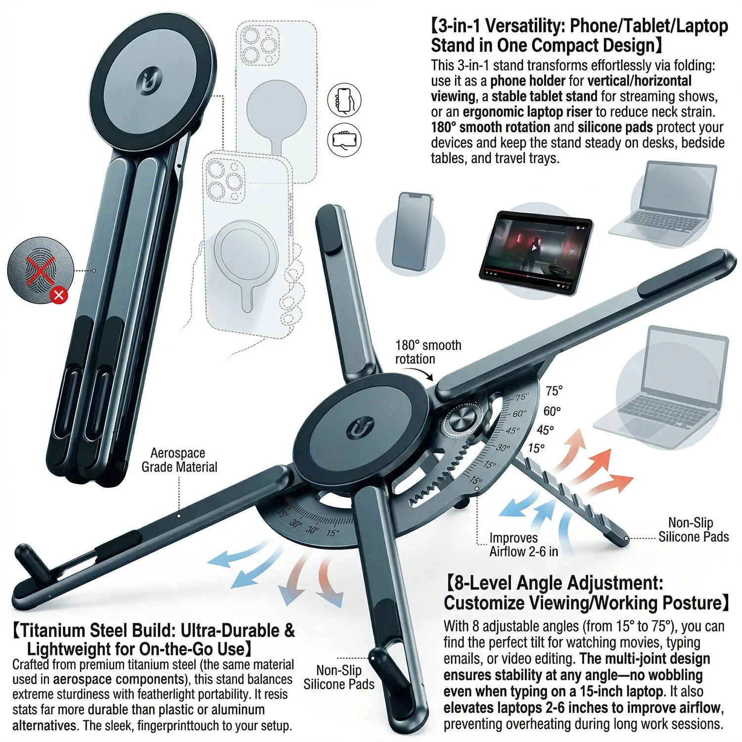 다기능 자석식 휴대폰 거치대 겸 셀카봉, 접이식 삼각대, 휴대용 데스크탑 스탠..