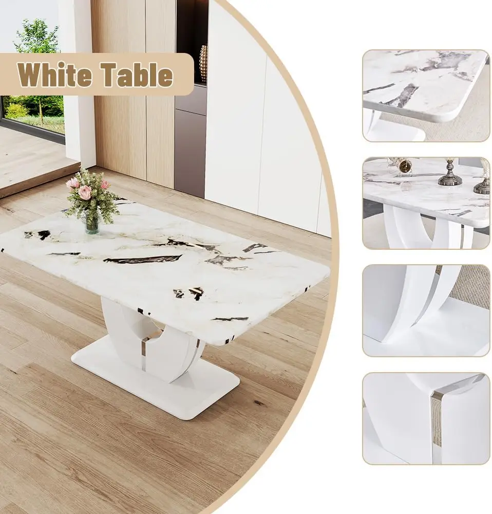 Description Picture 4 of itemFaux Marble Dining Table Set for 4,Dining Room Table Set and 4 PU Leather Upholstered Dining Chairs,63'' Large Dinner Table Set