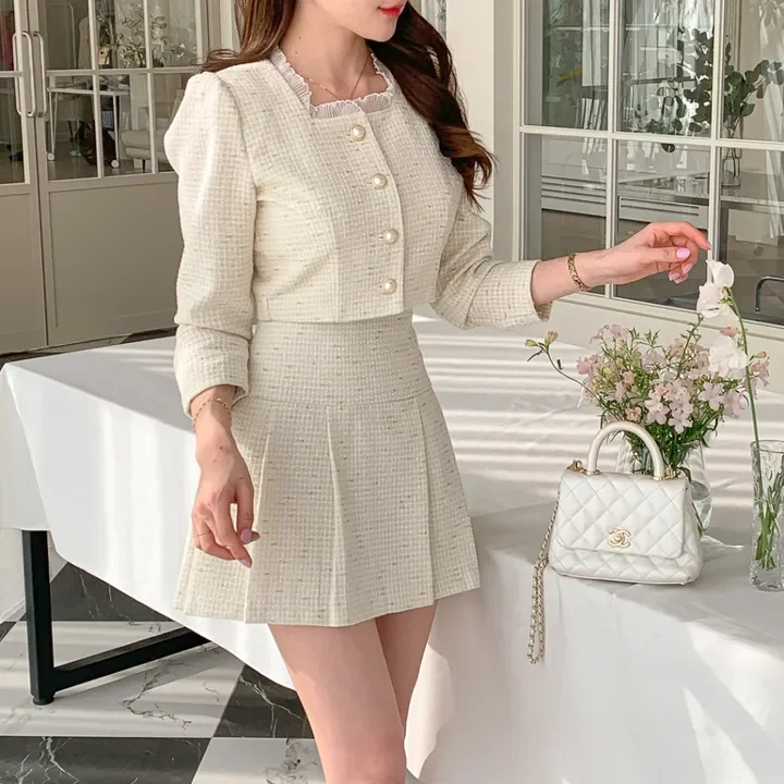 Korean Fashion Elegant Tweed Short Jacket Cropped Coats + High Waist Mini Skirts Suits Autumn New Slim Women Two-Piece Sets