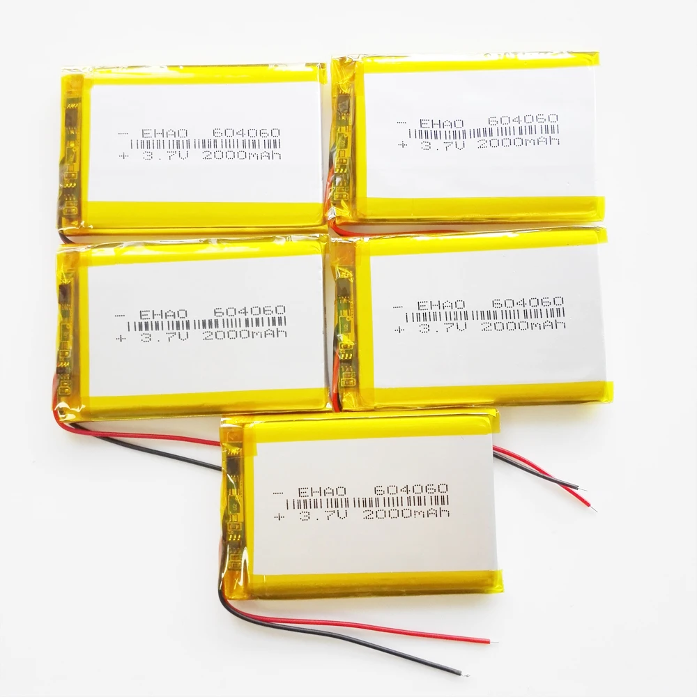 

5 PCS 3.7V 2000mAh 604060 Lithium Polymer LiPo Rechargeable Battery For Mp3 DVD PAD Camera Speaker Recorder GPS DV 6*40*60mm