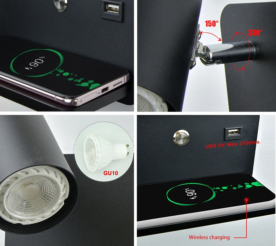 LED Wall Light Wireless Charging USB Charging