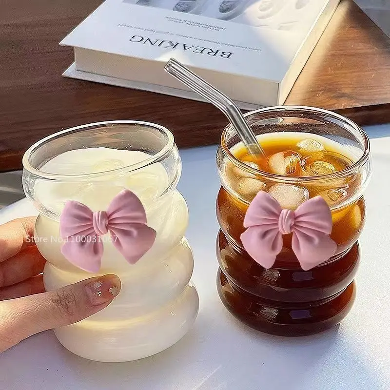 Glass Mug Bow Knot Kawaii Hand-painted Girlfriend Princess Style For Coffee Milk