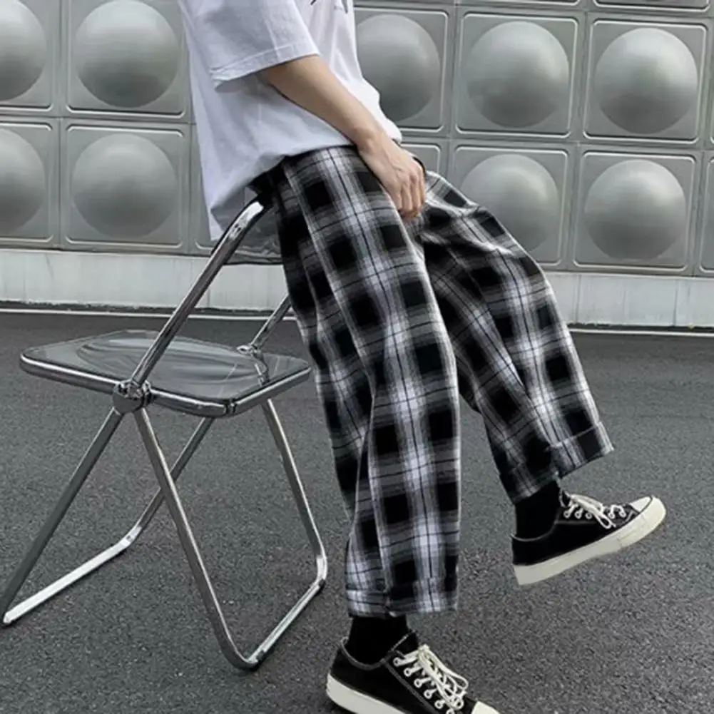 Men Pants Plaid Streetwear Wide Leg Elastic Waist Loose Sports Pants Trousers Checkered Patchwork Sports sports pants,casual sports pants