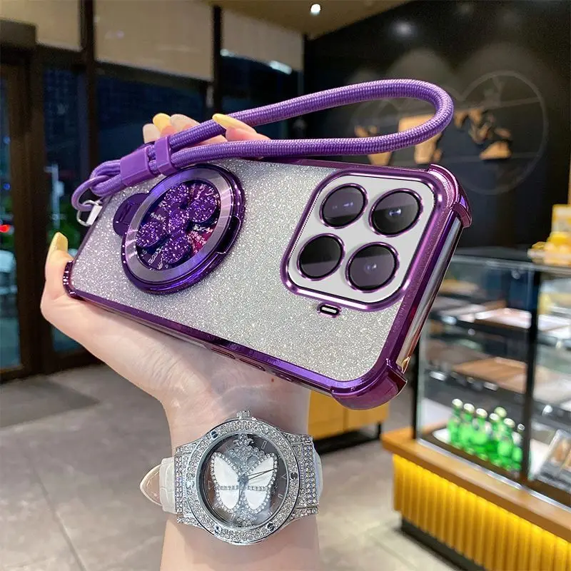 Gradient Glitter Holder with Hand Strap Electroplated Phone Case