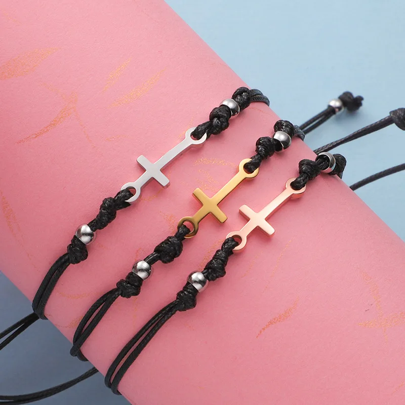 

10Pcs/Lot Handmade Stainless Steel Cross Charm Bracelet Men Braid Adjustable Lucky String Bracelets for Women Jewelry