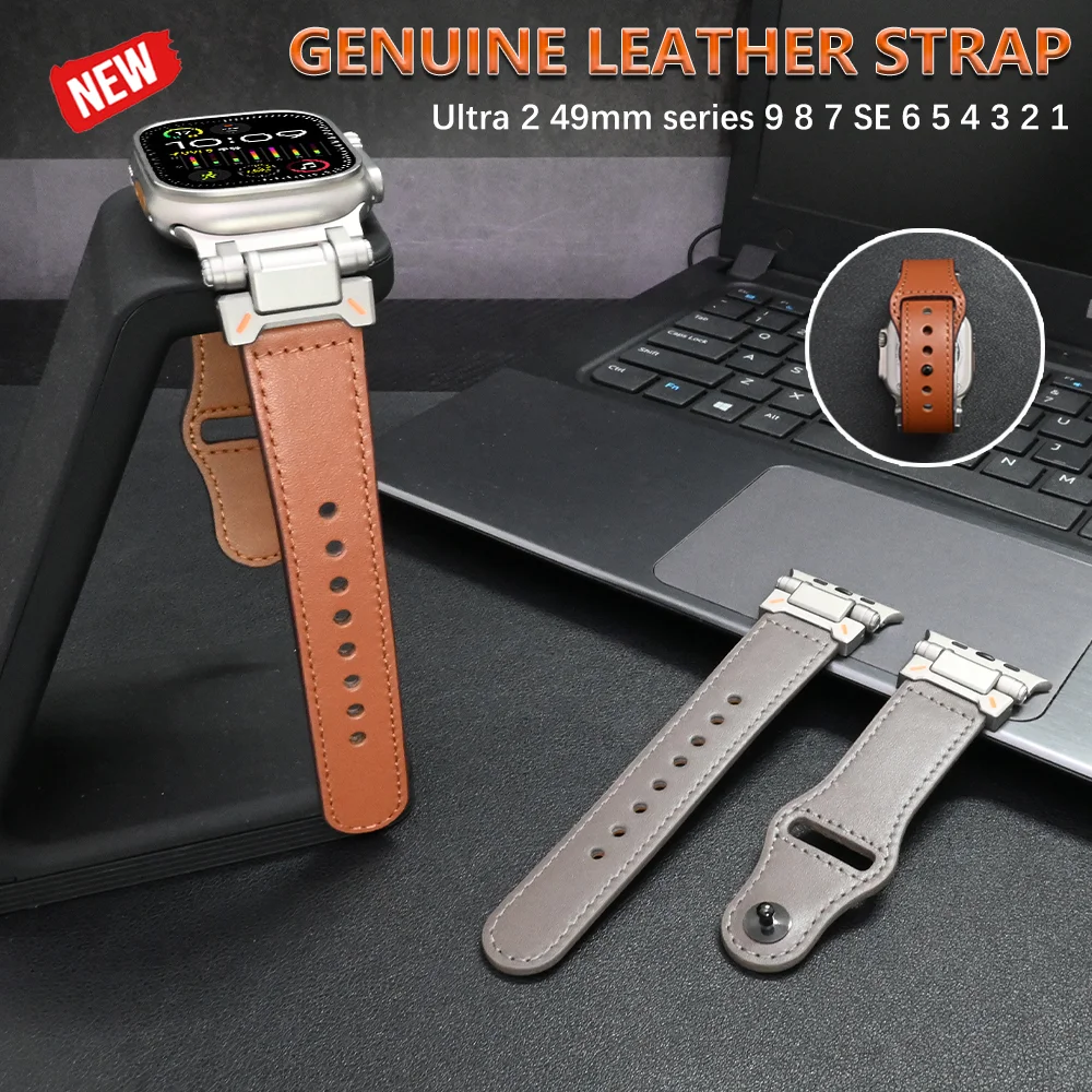 

Luxury Genuine Leather Band for Apple Watch Ultra 2 49mm Men Bracelet Iwatch Series 9 8 7 6 5 4 Se 3 45mm 44mm 42mm Correa Strap