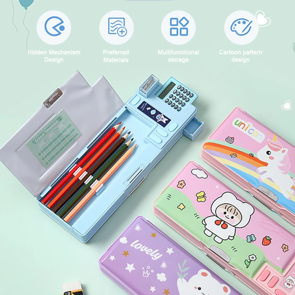 Creative Multi-functional Plastic Stationery Box for Primary School Students Double-sided Magnetic Pencil Calculator Sharpener