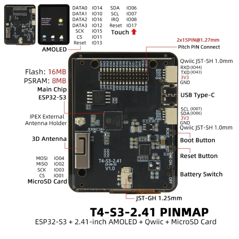 T4-S3 ESP32S3 2.41ġ AMOLED ÷   WiFi,2ھ μ WIFI