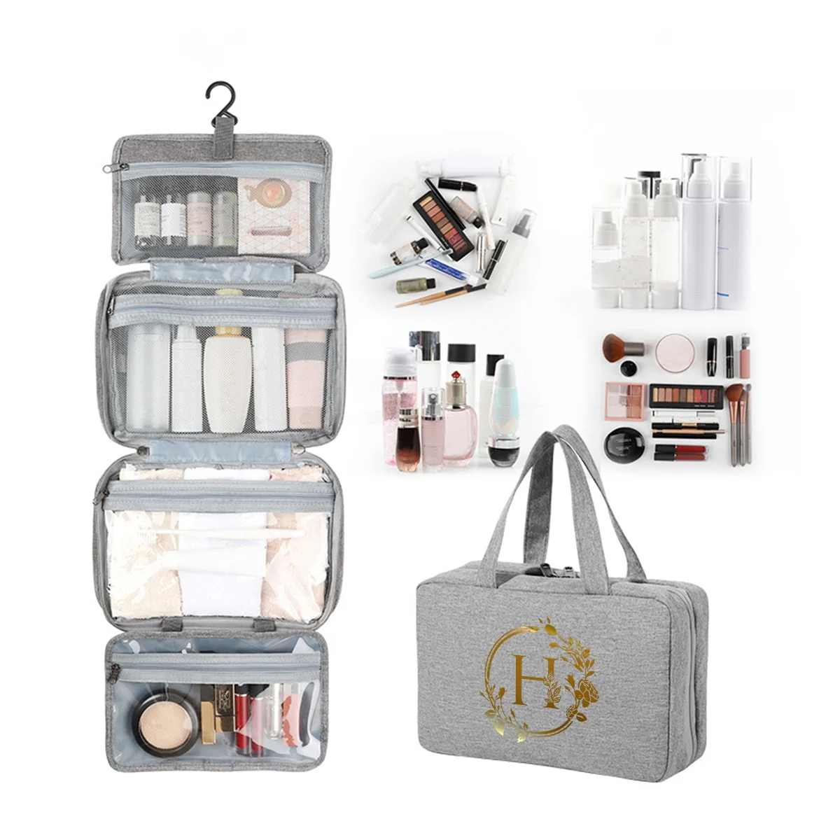 Leaf gold letter print travel waterproof foldable dry wet separation wash bag with large capacity cosmetic storage bag
