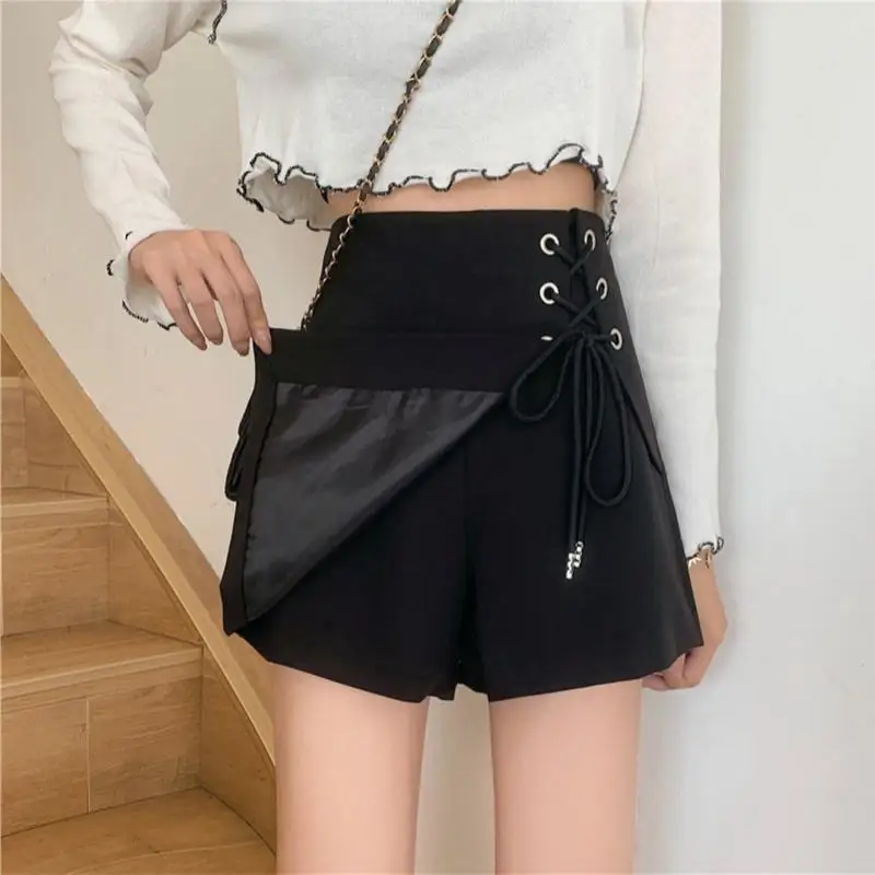 Casual Elastic Waist Lacing Wide Leg Shorts Skirts Spring Summer Solid Plus Size Irregular Shorts Fashion Trend Women Clothing