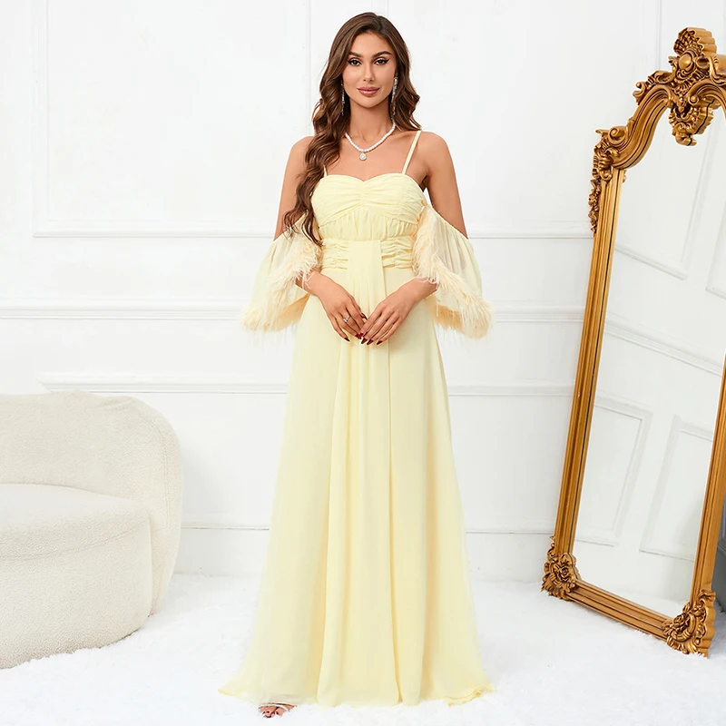 

Women Summer Sexy Off shoulder Spaghetti Strap Backless Yellow Chiffon Elegant Ladies Evening Party Gown Cocktail dresses
