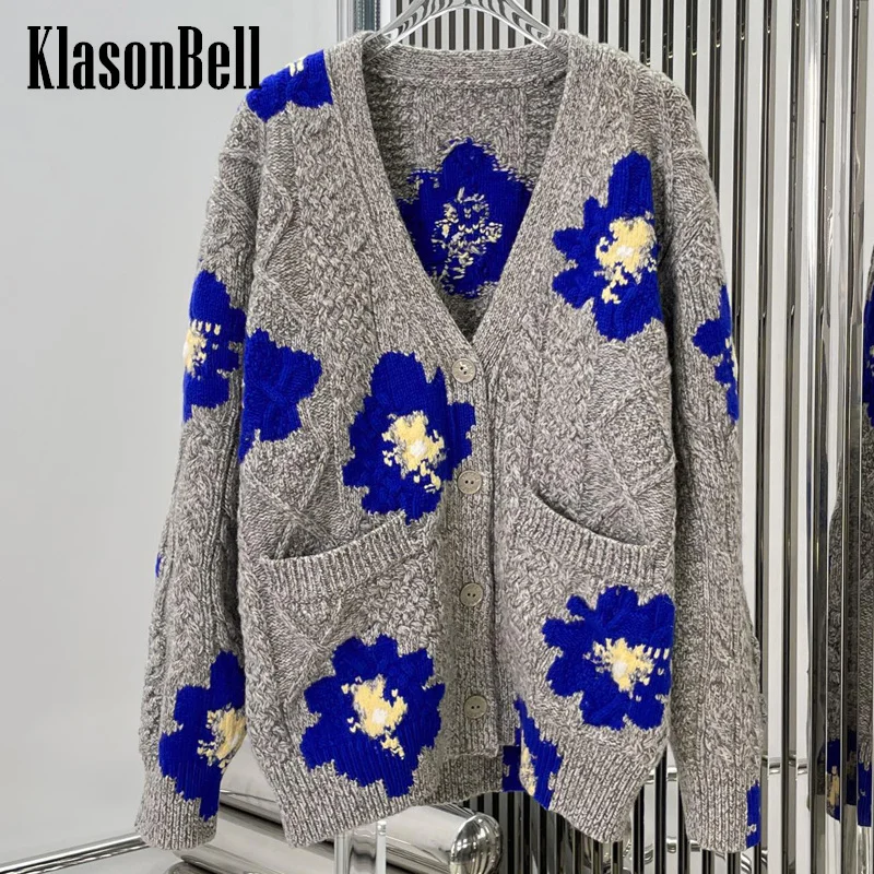 

11.12 KlasonBell Vintage Contrast Color Flower Jacquard V-Neck Loose Keep Warm 100% Cashmere Knit Cardigan Sweater Women