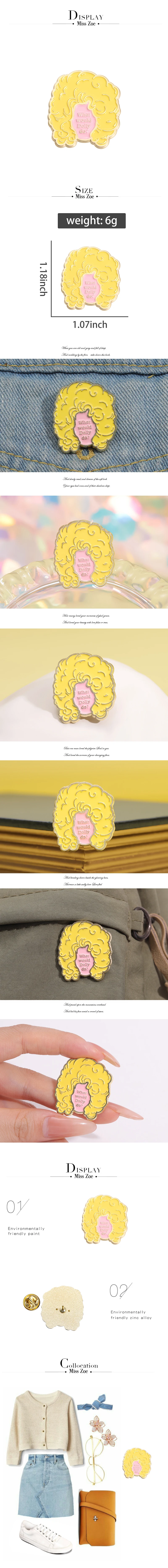 Gelbe lockige Haare Mädchen Emaille Pins benutzer definierte, was Dolly tun würde Broschen Revers Abzeichen lustige Schmuck Geschenk für Kinder Freunde – Detail 1