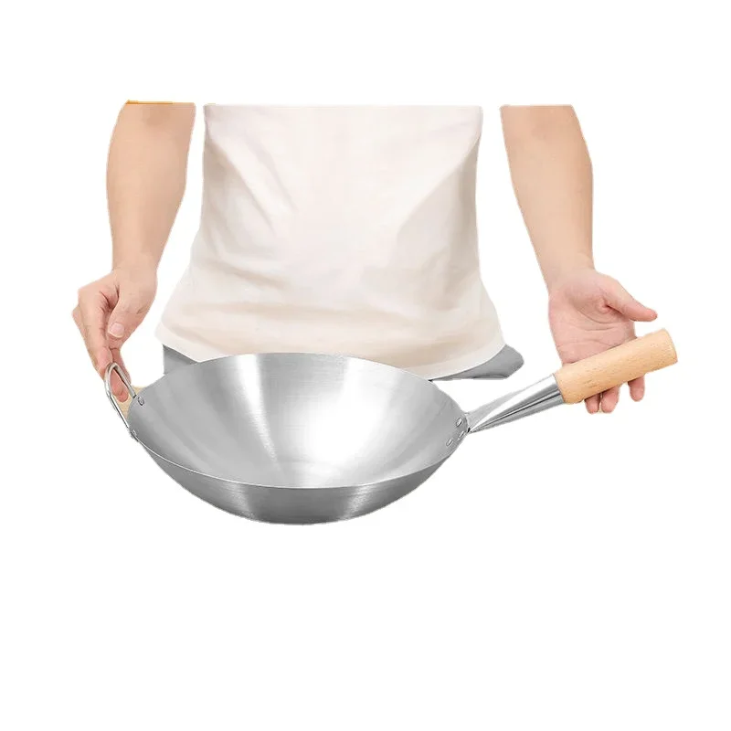 

Durable Stainless Steel Wok,Brushed Polished,Beech Anti-Scald Handle,Kitchen Cookware for Gas Stoves,Portable Chef Cooking Pot