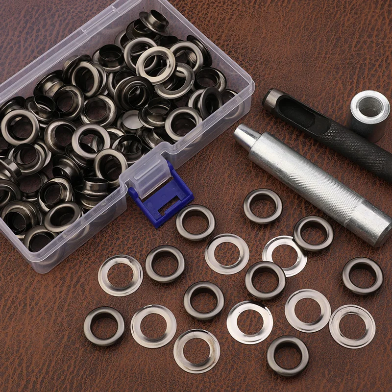 100 Sets Gun Metal Grommet Eyelets With Hole Punch Tool For Clothes Shoes Bag Leather