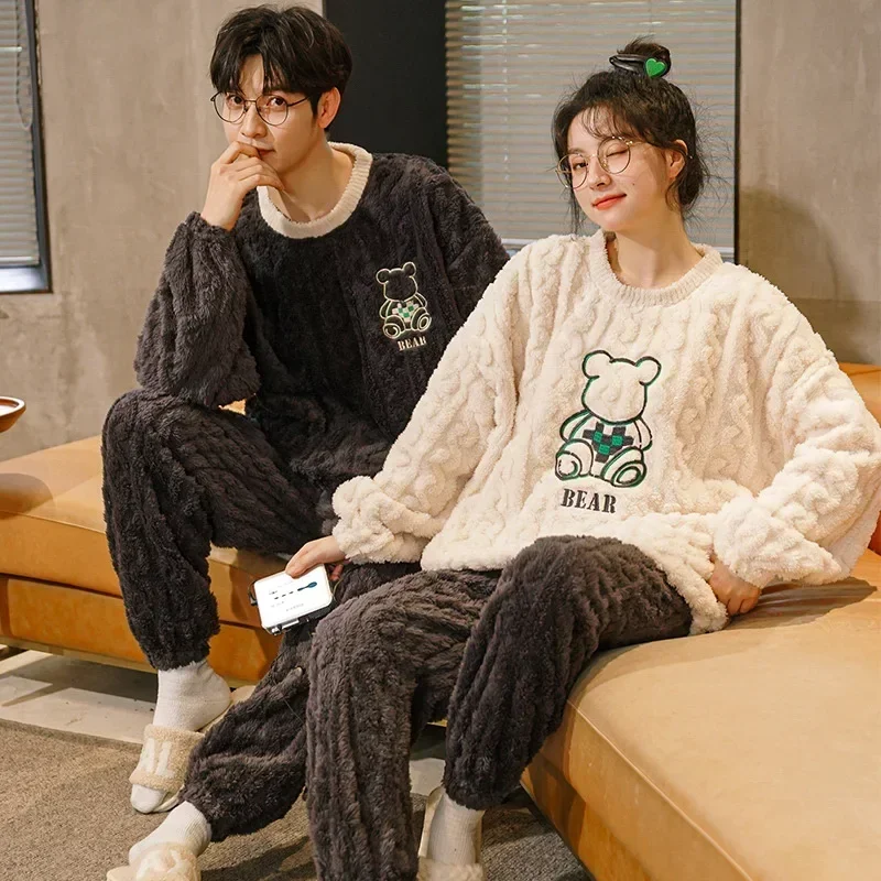 Men's and Women's Pajamas Thickened Coral Fleece Pullover  Warm Winter Plush Sleepwear Men's Home Clothes In Autumn & Winter