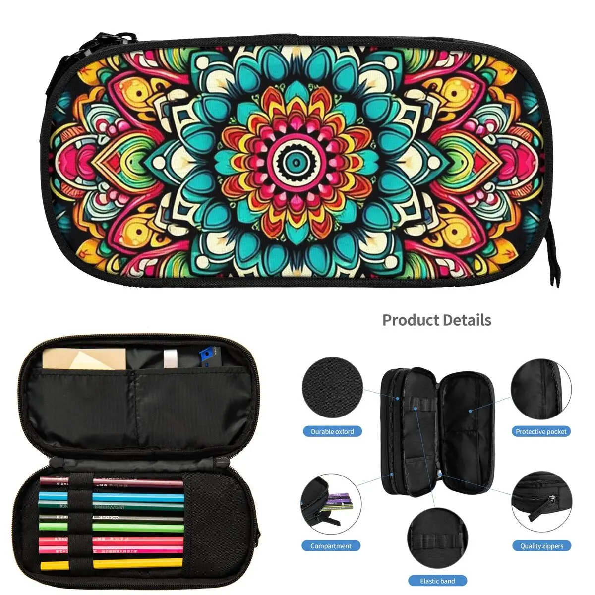 활기찬 만다라 다채로운 꽃무늬 연필 케이스 학생용 학교 펜 박스 연필 가방 대용량 연필 파우치
