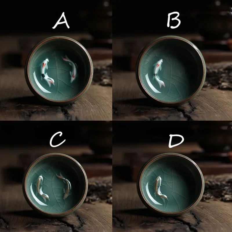 Tea Cup Chinese Longquan Celadon Porcelain China Teacup And Saucer Tea Bowl With Golden Fish 60ml Celadon Crackle Teacup