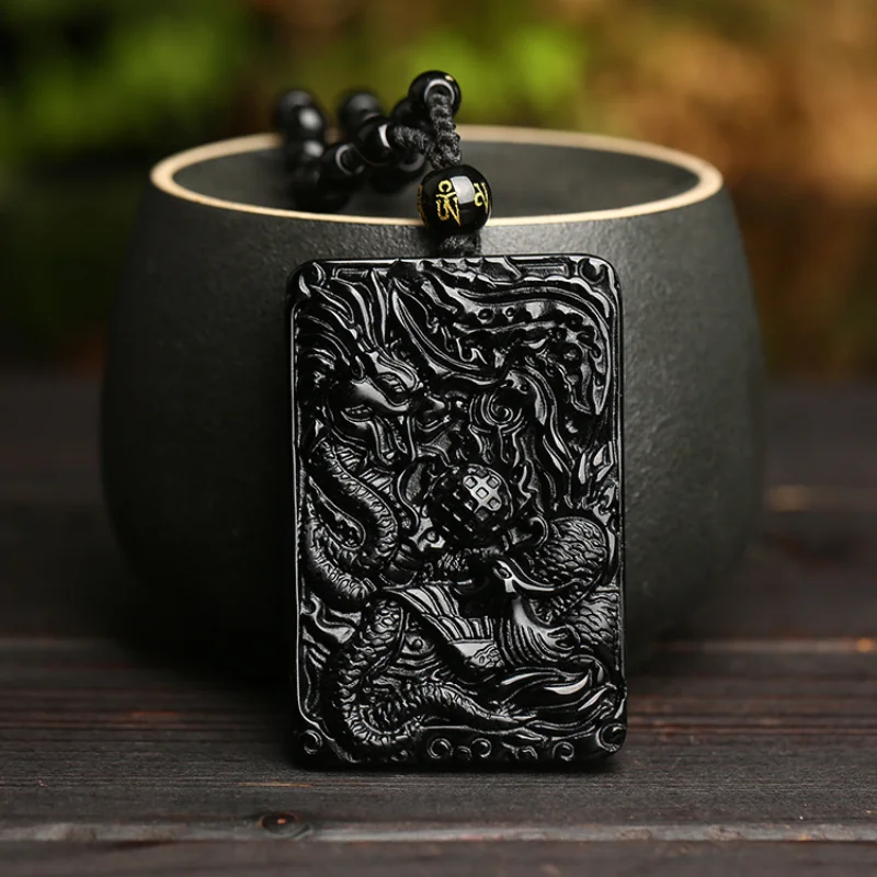 

Natural Obsidian Hand Carved Double Dragon Pearl Grabbing Jade Pendant Fashion Boutique Jewelry Men's and Women's Necklaces Gift