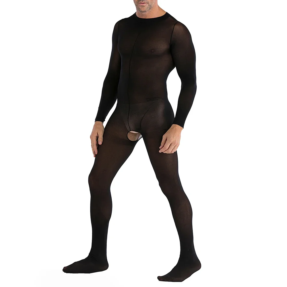 Men Bodysuits Sexy Erotic Lingerie Sheer Solid Color Breathable Crotchless Full Body Transparent Soft Stockings