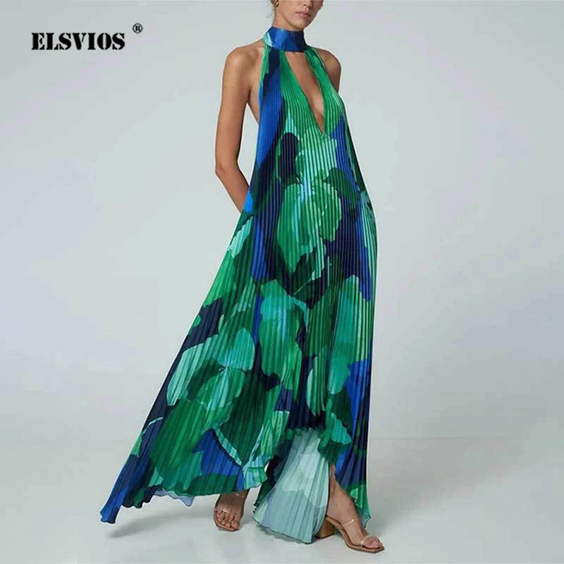 

Party Sexy Long Dress Print Halter Neck Sleeveless Wrinkled Camisole Dress Loose Irregular Large Hem Dress 2024 New Women's Wear