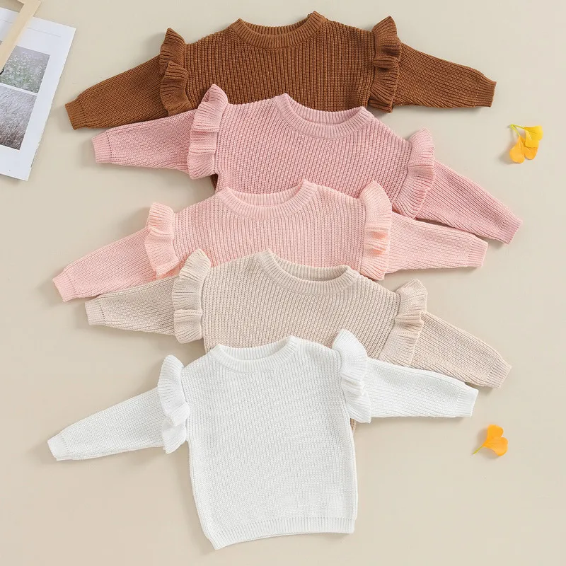 Newborn Baby Girl Sweaters Autumn Winter Clothes Ruffle Long Sleeve Solid Color Knit Pullover Toddler Loose Tops Baby Clothing
