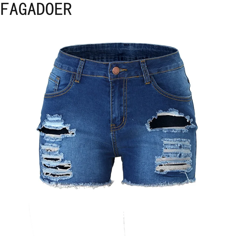 FAGADOER Fashion Denim Hole Slim Shorts Women High Waisted Button Pocket Jean Shorts Summer New Female Matching Cowboy Bottoms