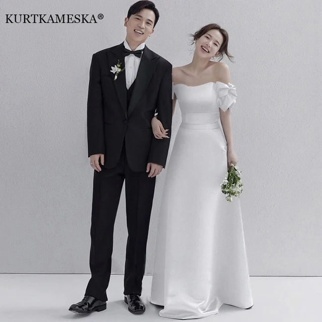 Wedding Dresses Sweet Bow Off The Shoulder For Women 2024 Satin Black Evening Dress Elegant Floor-length Simple Wedding Shooting 1