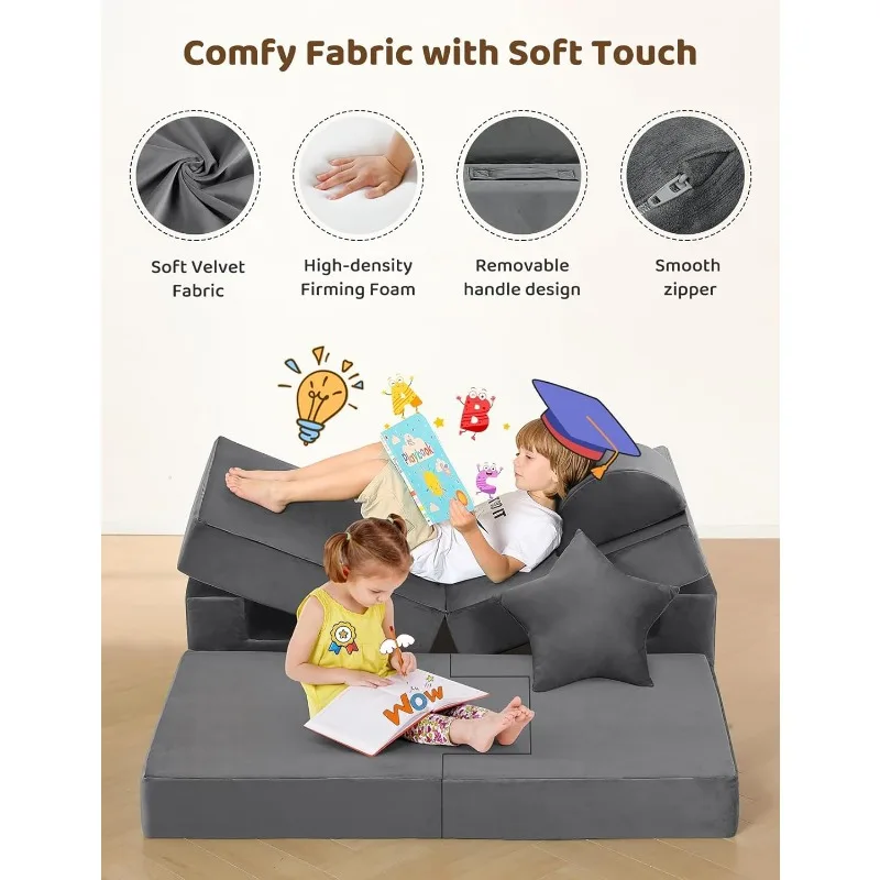Modular Kids Play Couch,Upgraded Play Couch Convertible Rocking Horse,Sectional Kids Sofa Couch with Star Moon for Kids 5
