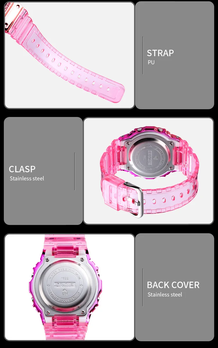 SKMEI 1622 Damen-Digitalarmbanduhr, galvanisiertes Gehäuse, stoßfest, Reloj Mujer, transparentes Armband, coole Damenuhren für Mädchen, 1999_voghion.com