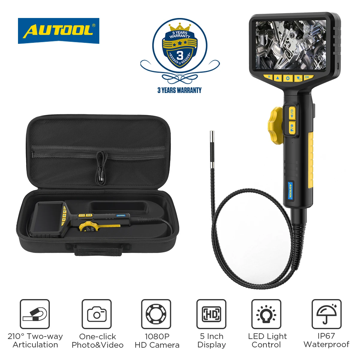 

AUTOOL SVB305 210° Steering Automotive Industrial Endoscope 5-inch 1080P HD Autofocus Inspection Camera Lens Car Inspection Tool