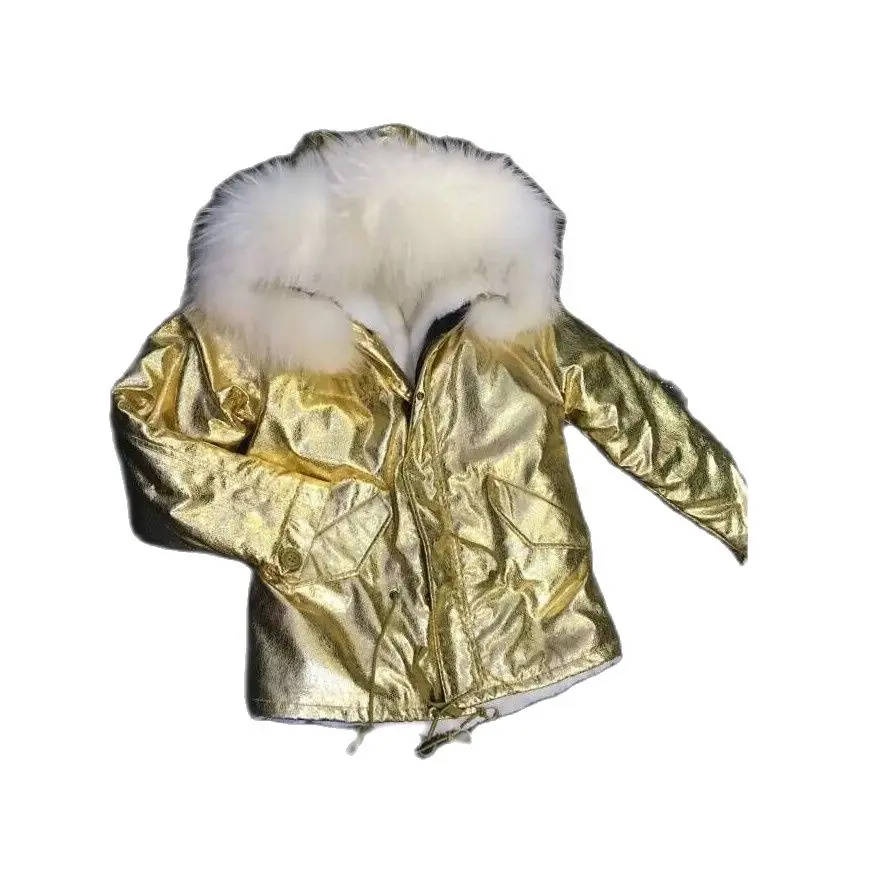 

Gold Shiny PU Short Parka Warm Faux Fur Lined And Raccoon Fur Collar Overcoat Factory Brand Coat