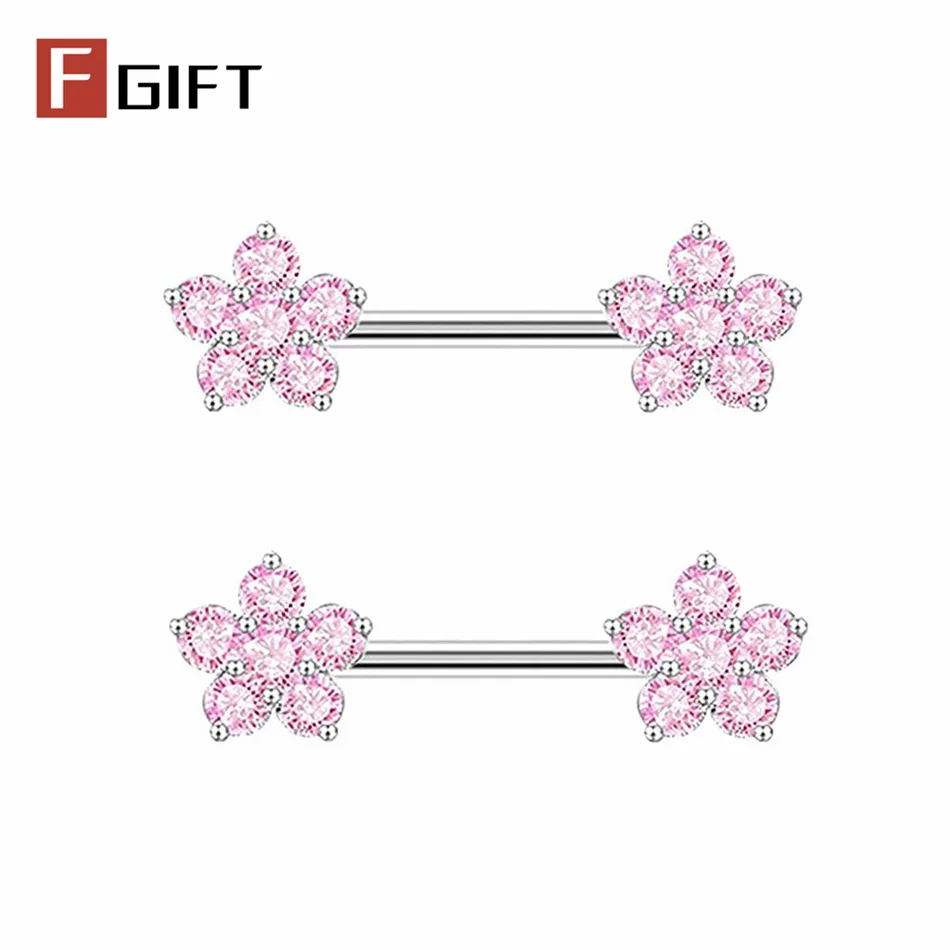 2pcs Pink Crystal Zircon Flower Nipple Rings 14G Titanium Straight Barbell Women Chest Nipples Piercing Body Jewelry Accessories