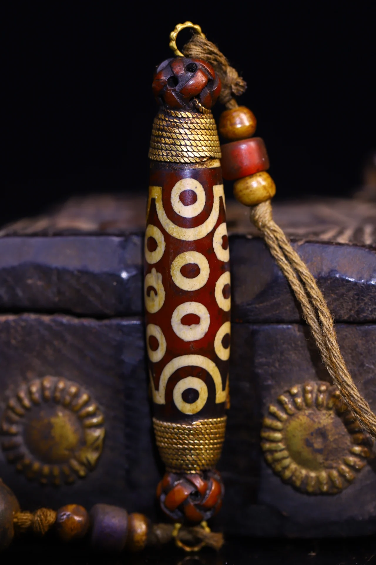 

3"Tibetan Temple Collection Old Natural Agate mosaic Gem gZi Beads Amitabha Buddha Pendant Amulet Dharma Town house