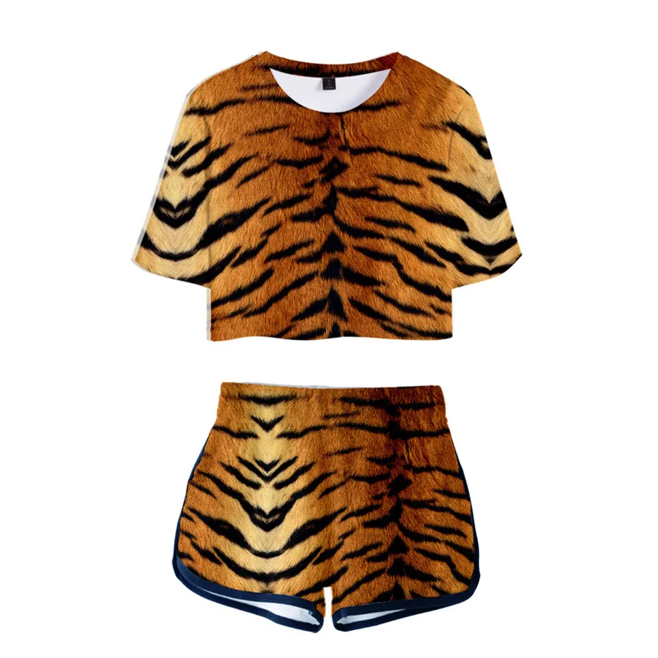 

New 2 Piece Set Women Tiger Skin 3d T Shirt Sets Streetwear Tops girls Sexy Shorts Sportswear Summer Short Pants Suit