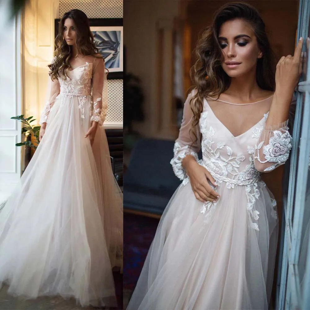 

Graceful Long Puff Sleeves Lace Applique A Line Wedding Dresses Illusion Back Formal Bridal Grown 2024 Rode De Morrie