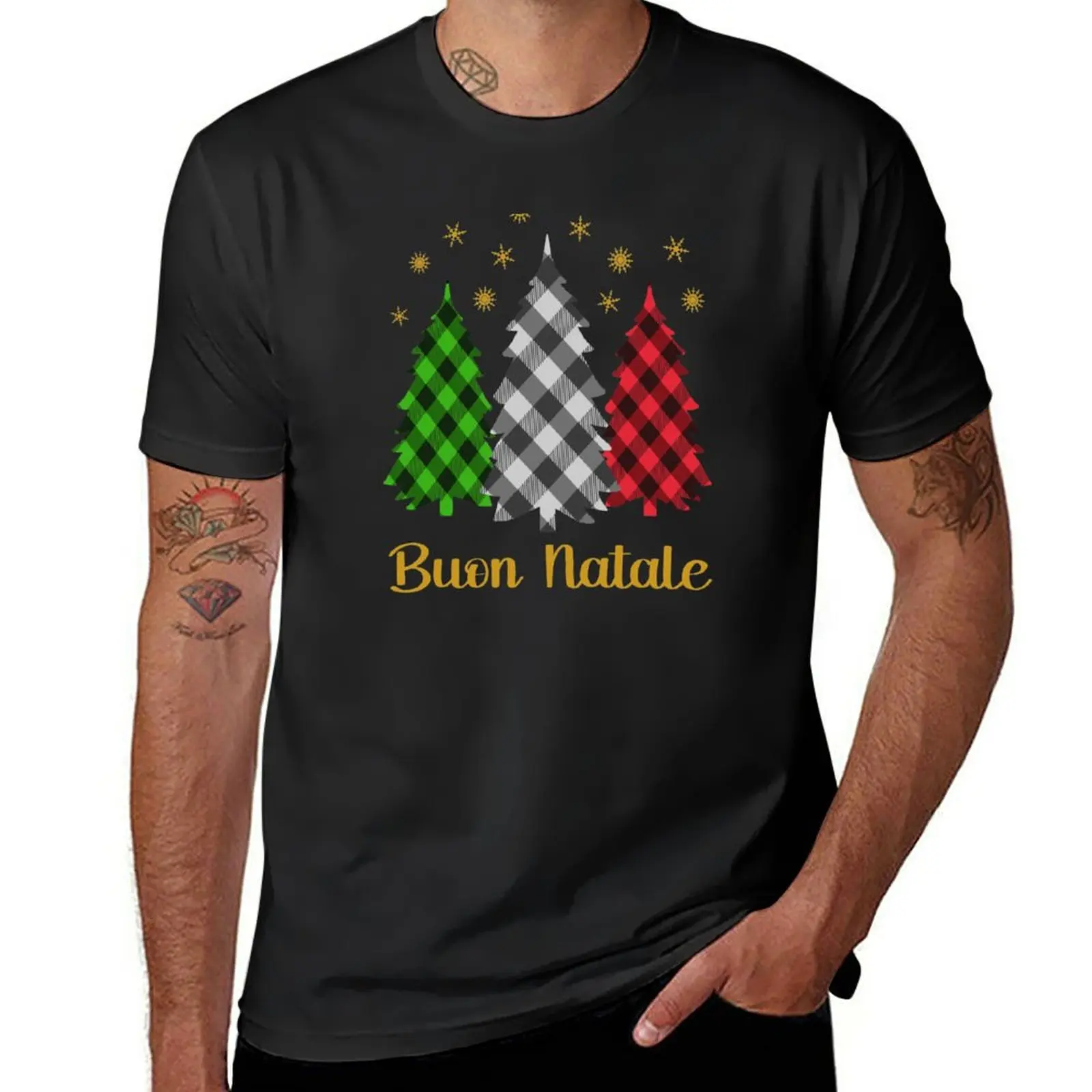 Buon Natale Italian Holiday Dicing With Buffalo Plaid Christmas Trees T-Shirt Anime T-Shirt Plain White T-Shirt Uomo