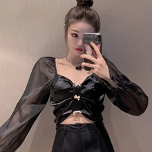 

Blouses Women Short Flare Sleeve French Style Patchwork Summer Retro Bowknot Casual Crops Ulzzang Chiffon Lightweight Femme Tops