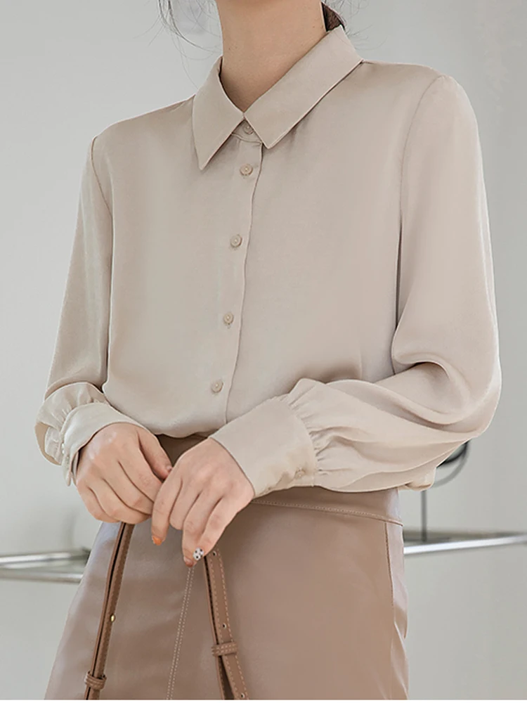 New Style Acetate Satin Shirts Women Vintage Loose Solid Color Long Sleeve  Blouse Office Ladies Elegant Spring Autumn - Women Shirt - AliExpress